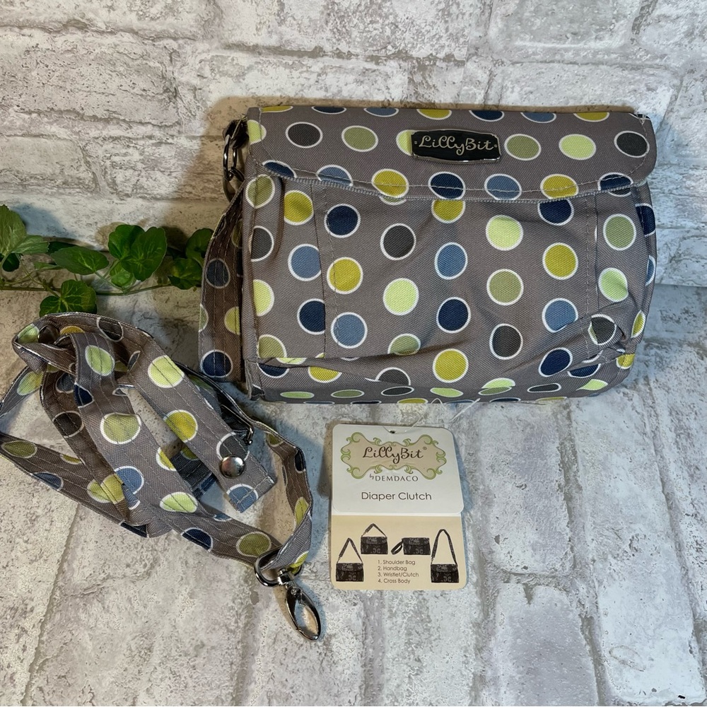 Lilly Bit Diaper Clutch Bag Gray with Multi Color Polka Dots NEW